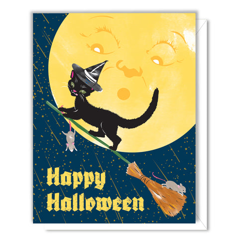 Witch Cat and Moon Halloween Card