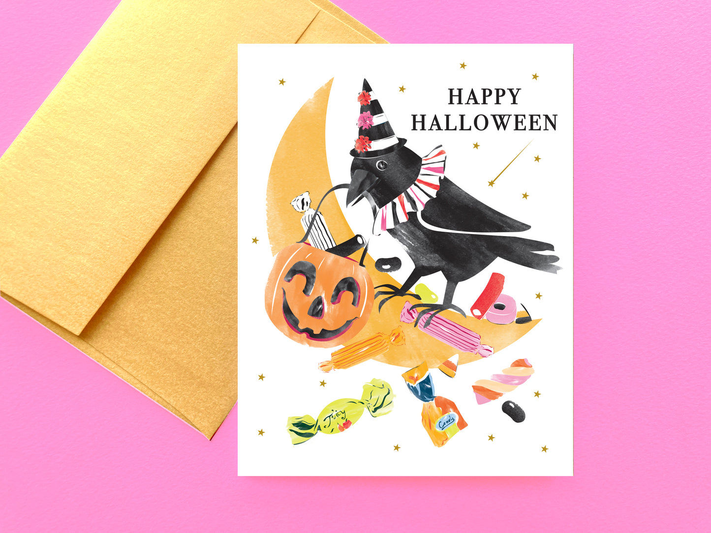 Crow with Candy Halloween Card