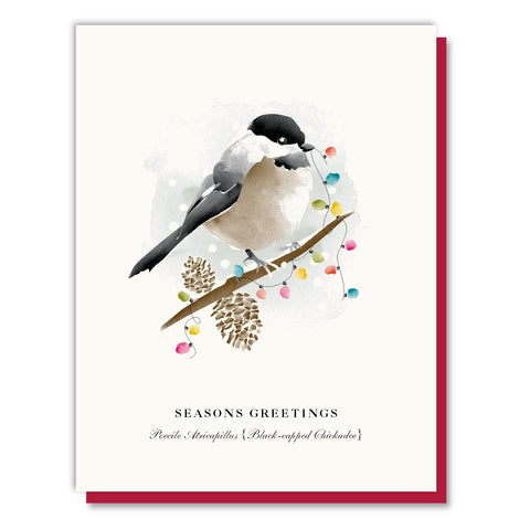 Season's Greetings Party Lights Chickadee Card